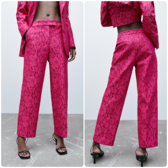 ZARA Tailored Floral Lace Pink/Fuschia Straight Leg Ankle Pants Sz XS Coquette - Picture 1 of 8